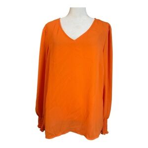 Chaus Bright Orange Blouse with Elastic Ruched Cuffs Office Work Medium